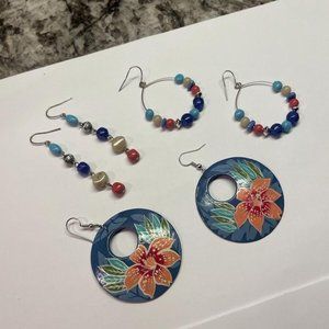 Lot Of 3 Statement Costume Pierced Earrings Dangle Mix Bead and 1 Hand Painted